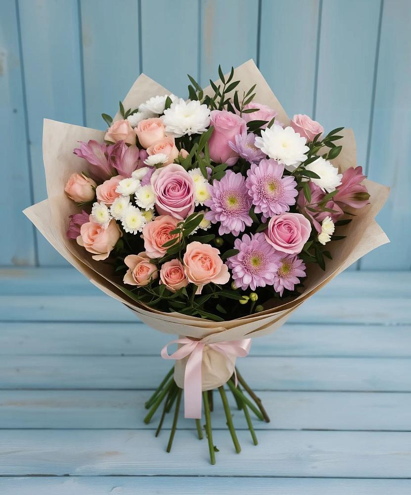 Букет цветов из: Хризантемы, Розы и Альстромерии в Дубовке
