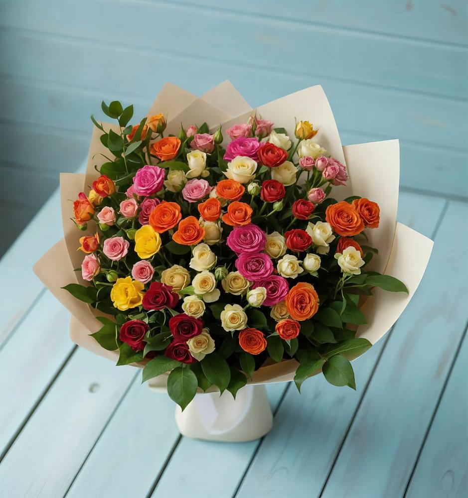 Букет Микс из разноцветных кустовых роз в Дубовке