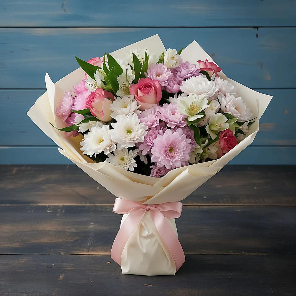 Букет цветов из: Хризантемы, Альстромерии и Розы в Дубовке